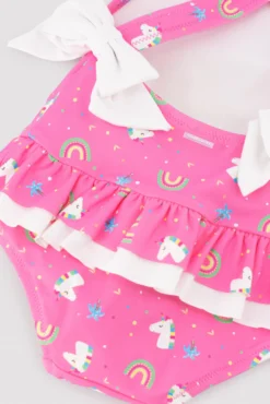 Bañador bebé niña detalles volantes y lazos estampado unicornios rosa