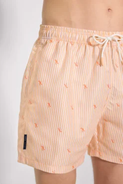Bañador medio estampado rayas y mini langostas naranja
