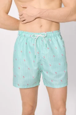 Bañador medio estampado rayas y mini langostas verde