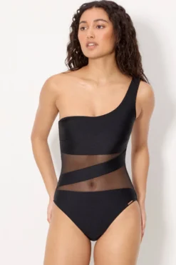 Bañador negro asimétrico con tul transparente con brillo negro copa B