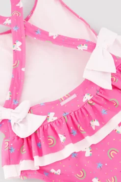 Bañador niña detalles volantes y lazos estampado unicornios rosa