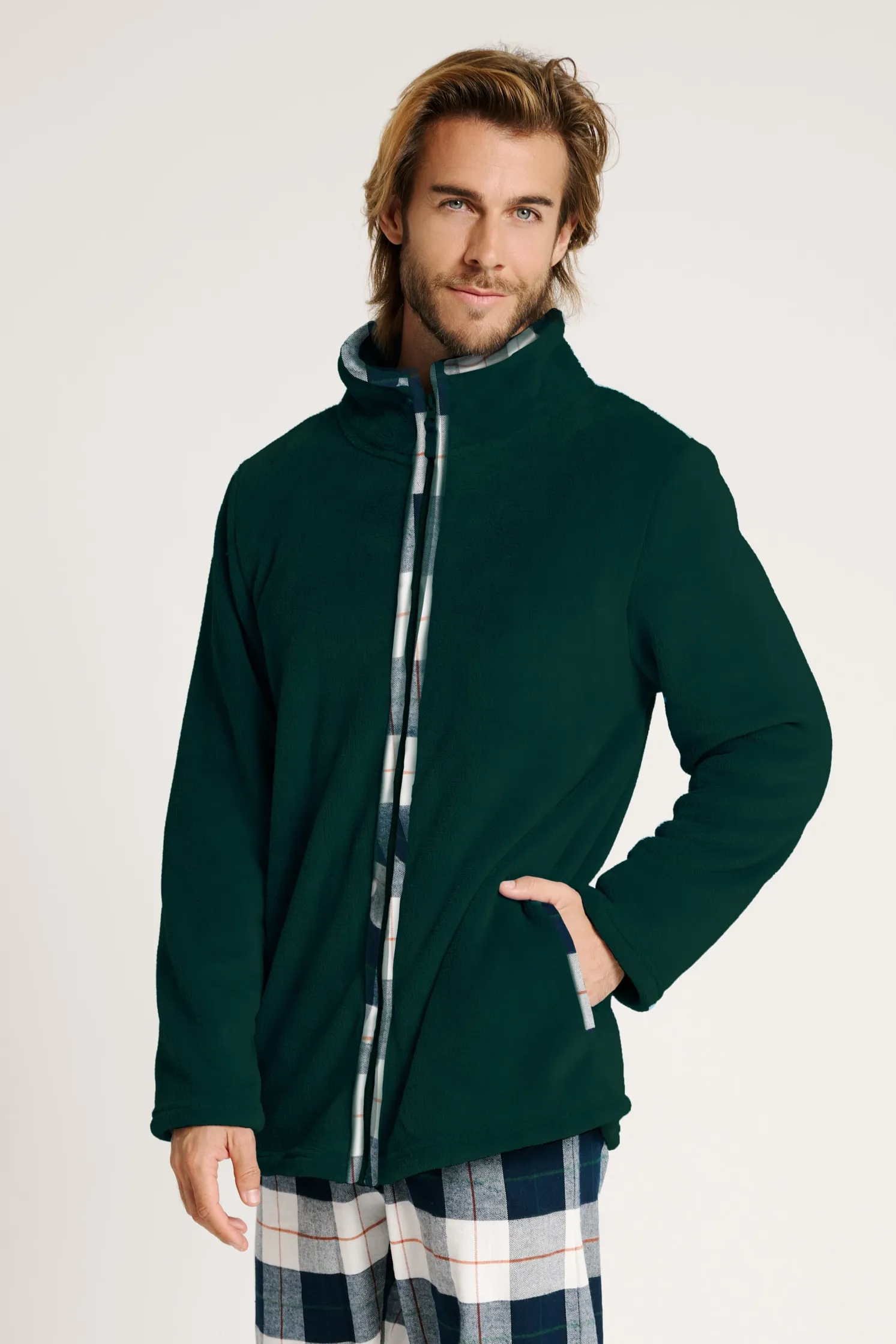 Bata polar hombre cremallera detalle cuadros | MUYDEMI