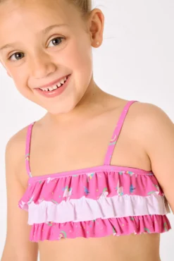 Bikini niña detalle volantes estampado unicornios rosa