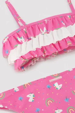Bikini niña detalle volantes estampado unicornios rosa