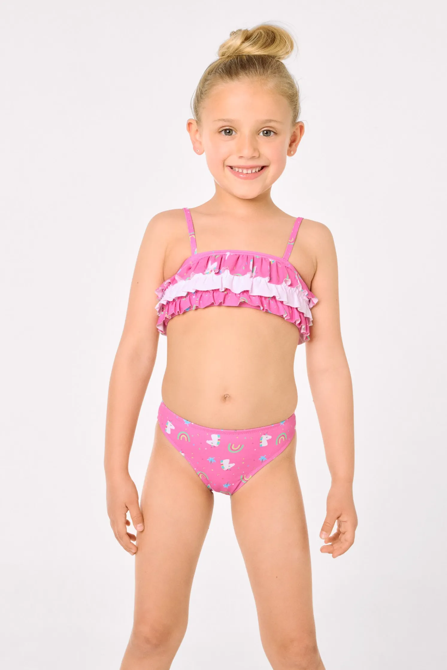 Bikini niña detalle volantes estampado unicornios rosa