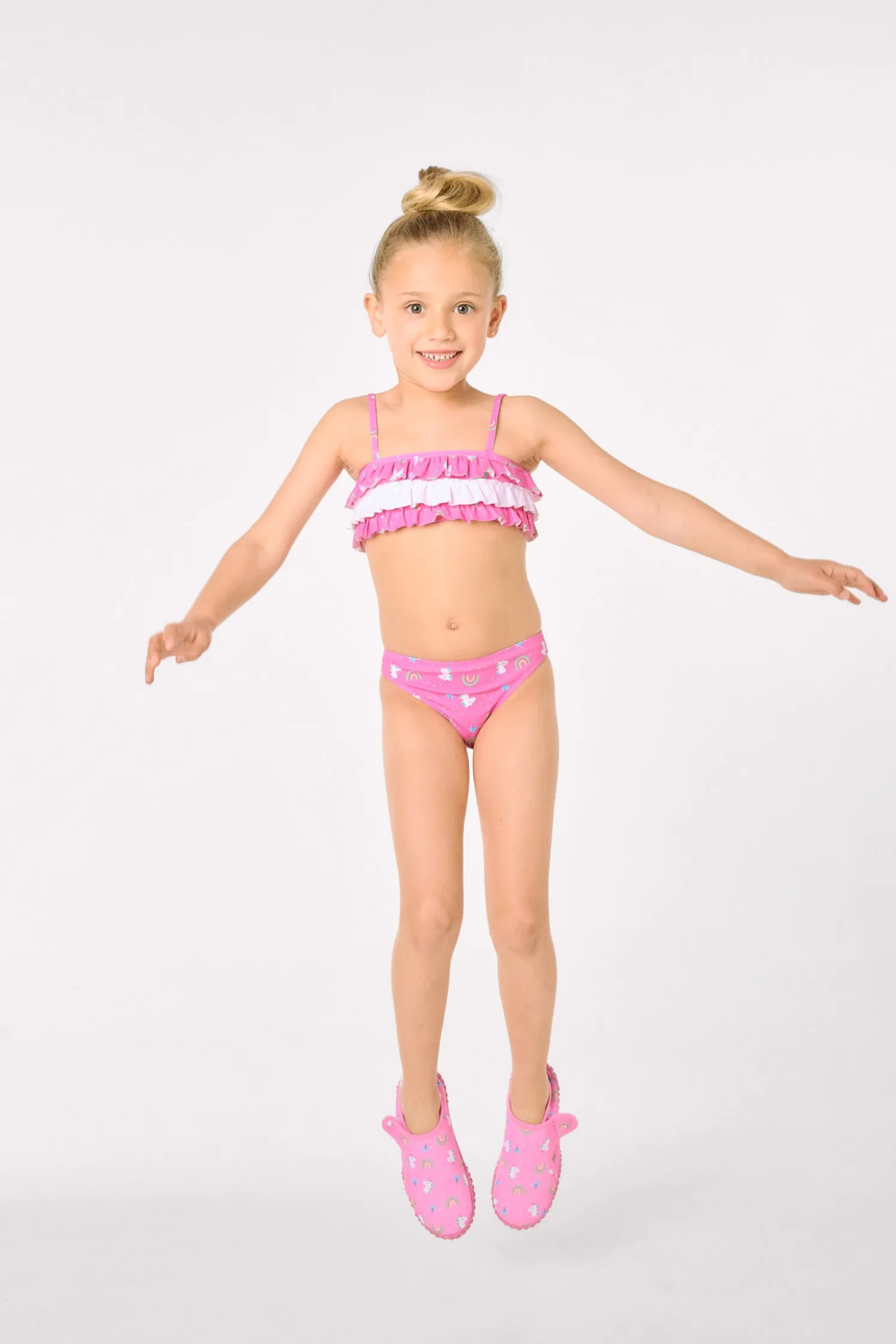 Bikini niña detalle volantes estampado unicornios rosa