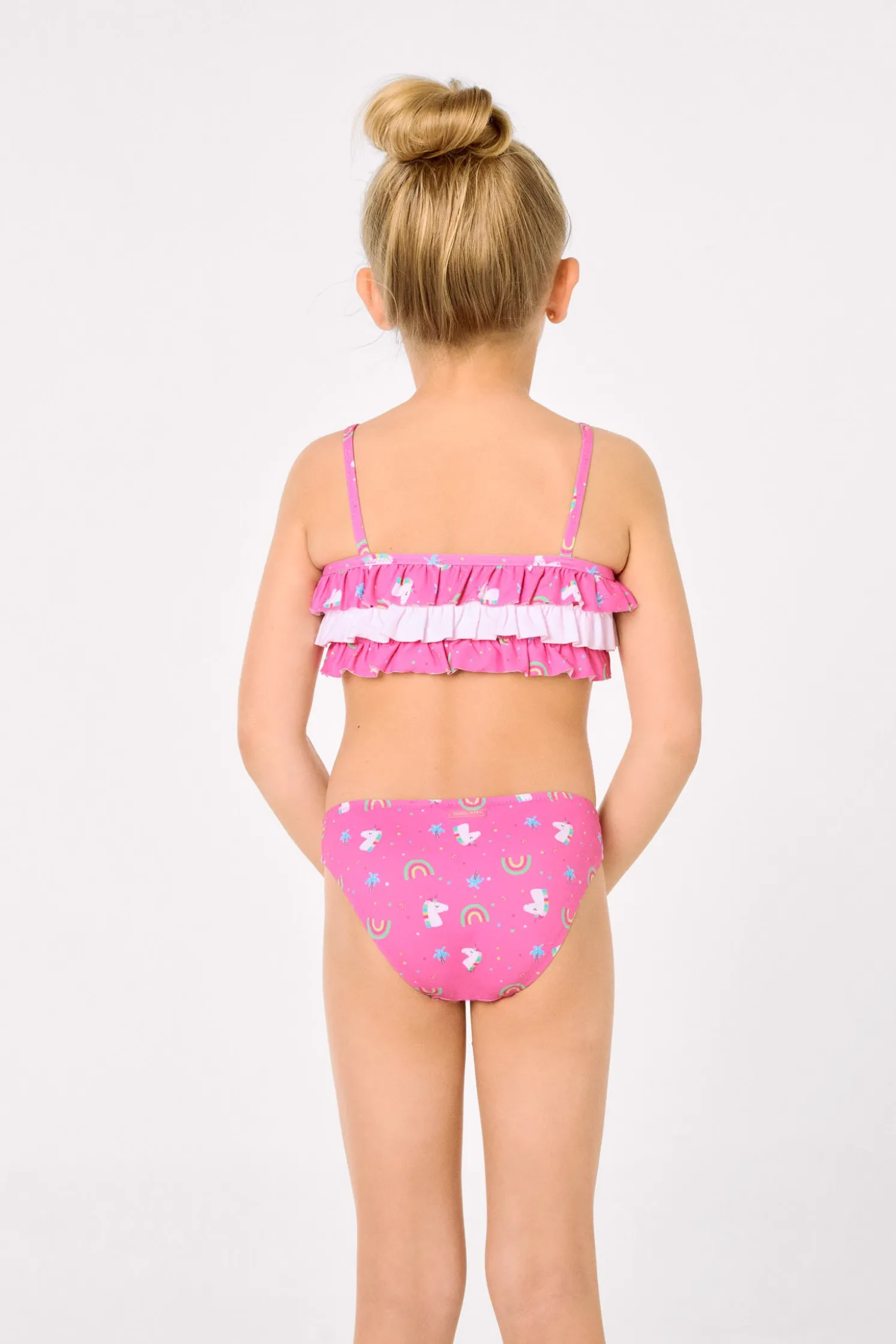 Bikini niña detalle volantes estampado unicornios rosa