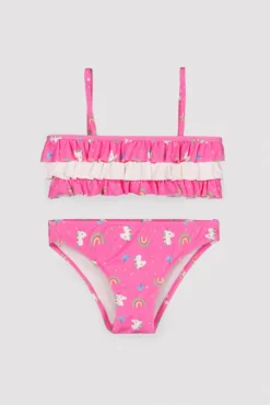 Bikini niña detalle volantes estampado unicornios rosa