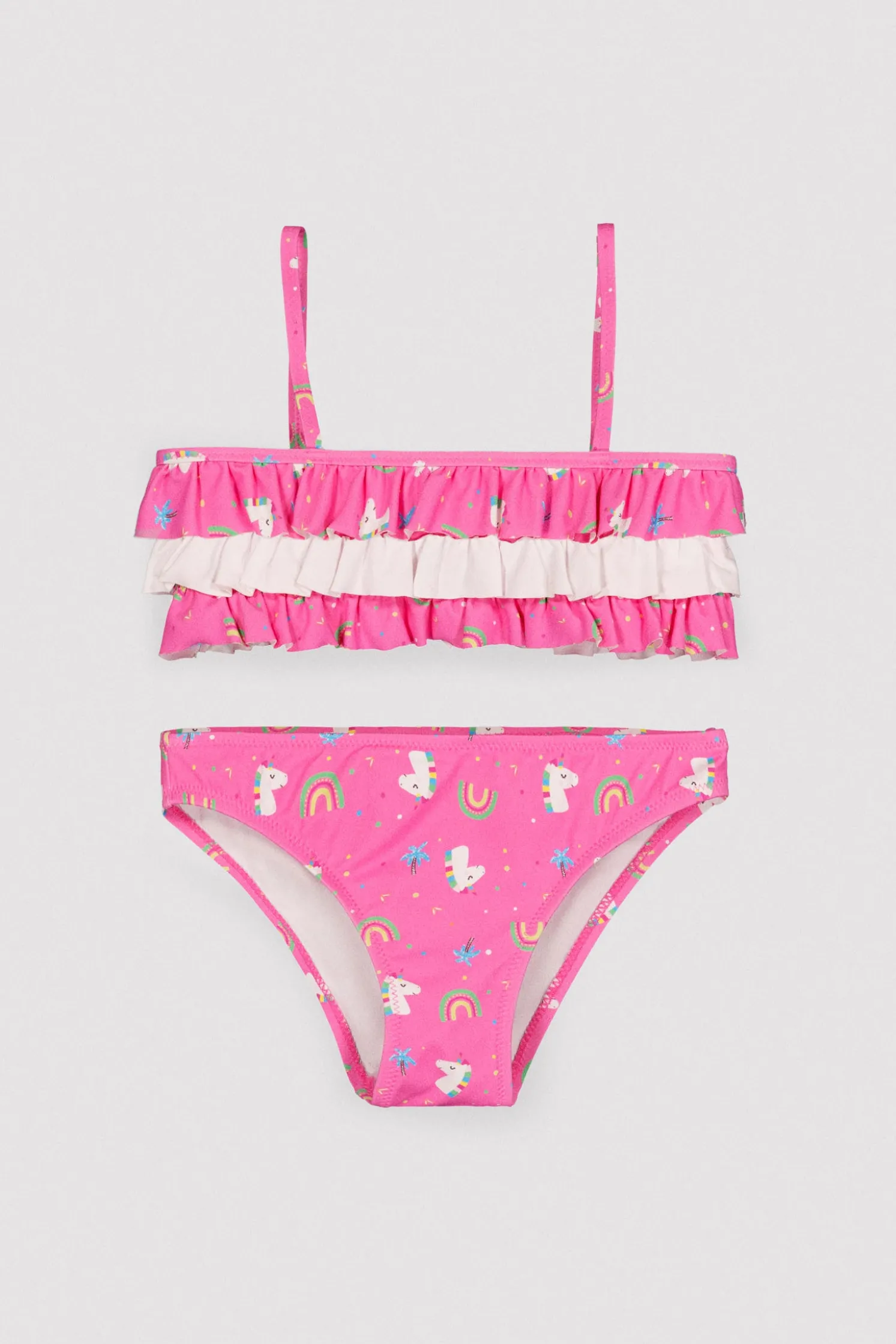 Bikini niña detalle volantes estampado unicornios rosa