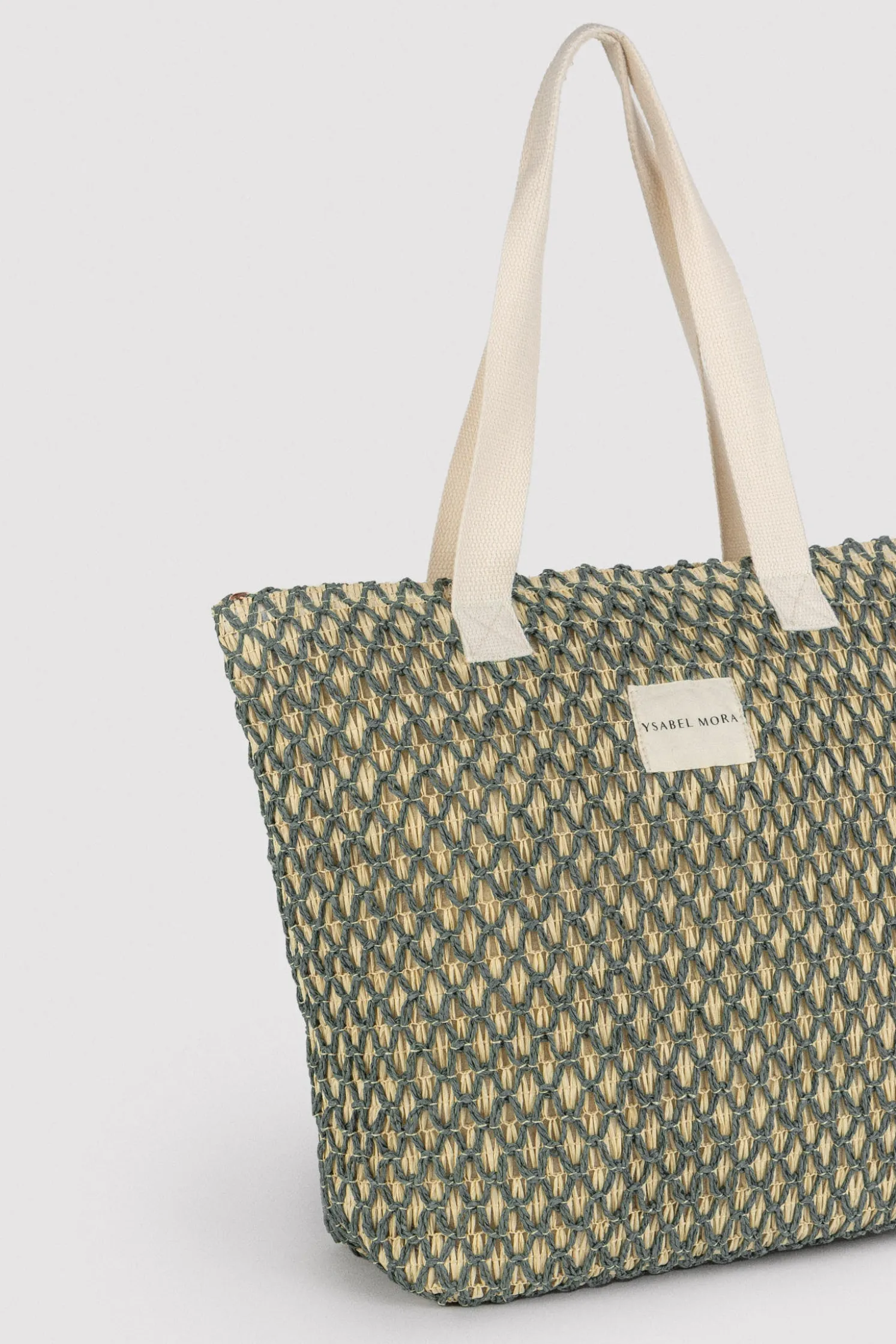 Bolso de playa de rafia beige y verde