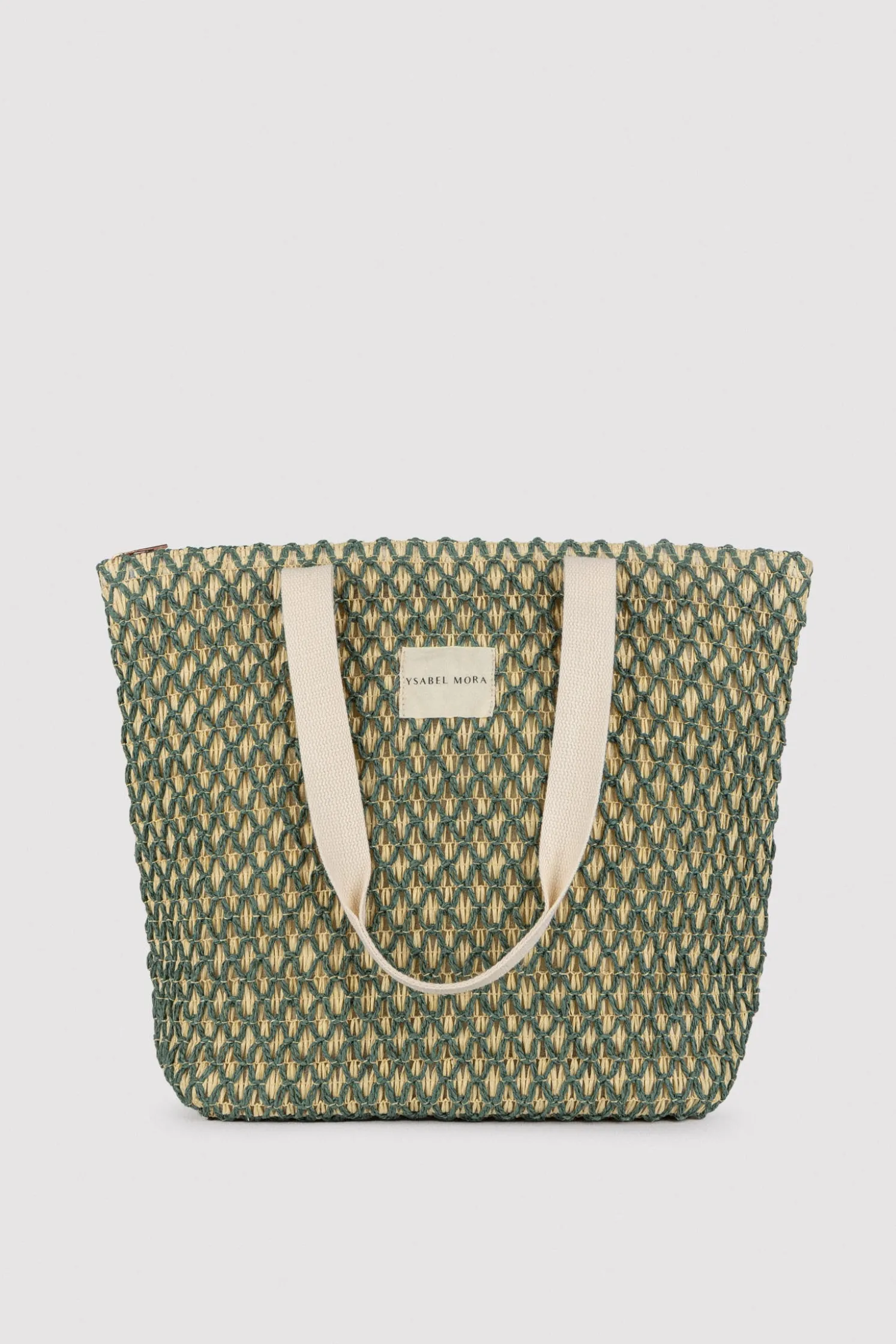 Bolso de playa de rafia beige y verde