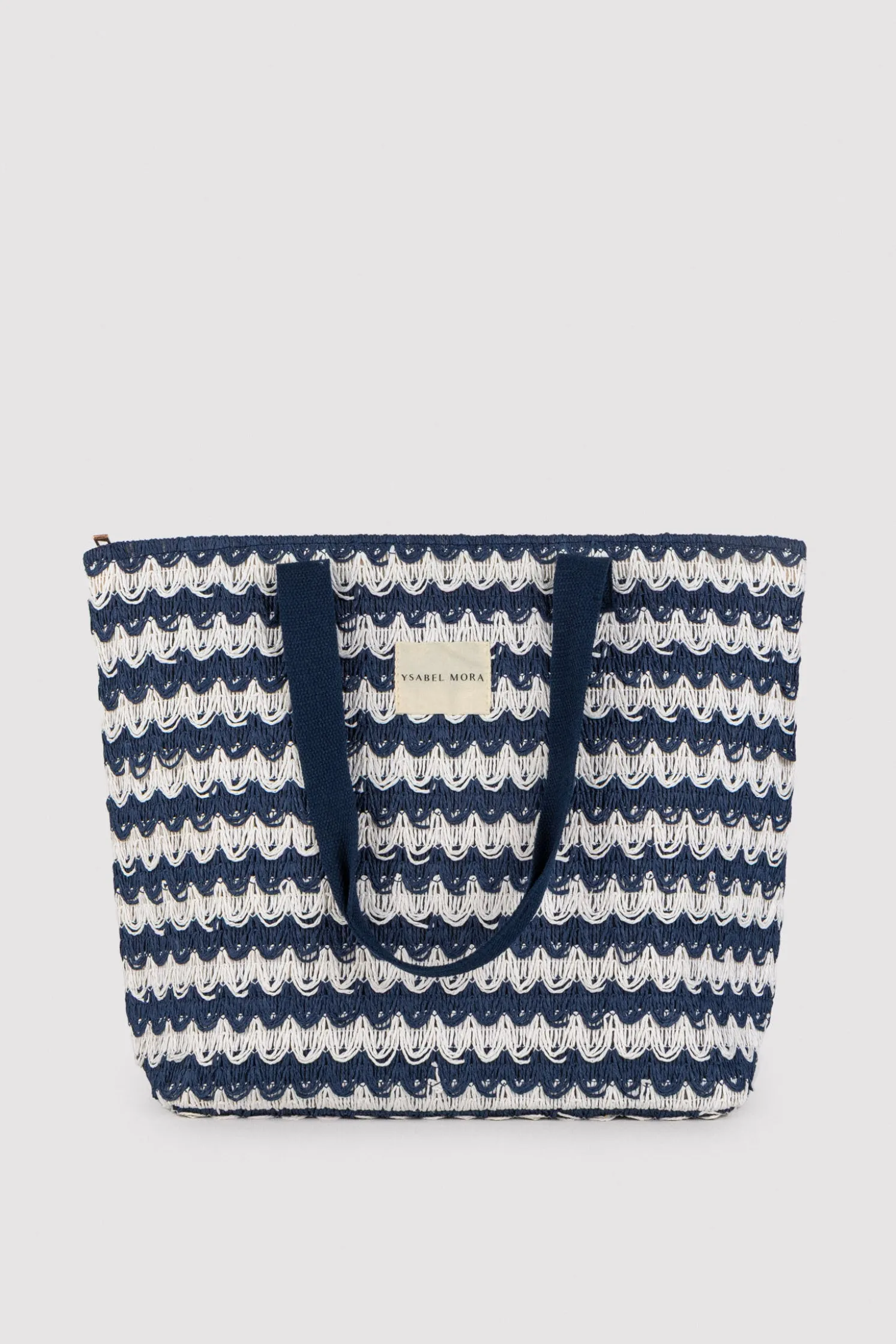 Bolso de playa de rafia blanco y marino