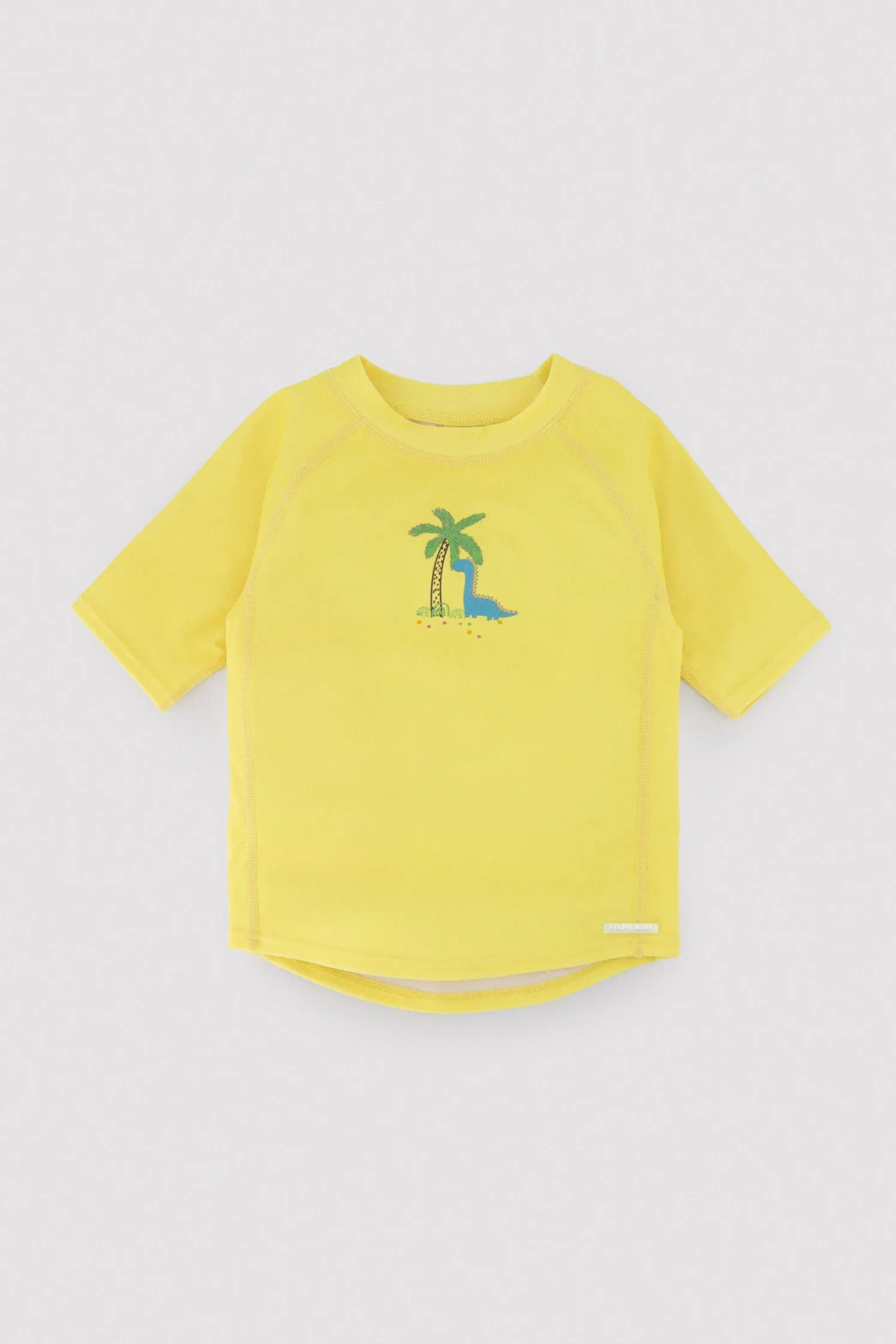 Camiseta de baño bebé dibujo dinosaurio y palmera amarillo