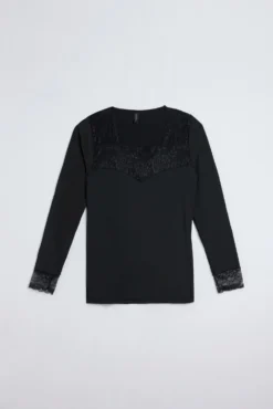 Camiseta manga larga microfibra encaje escote y puños negra