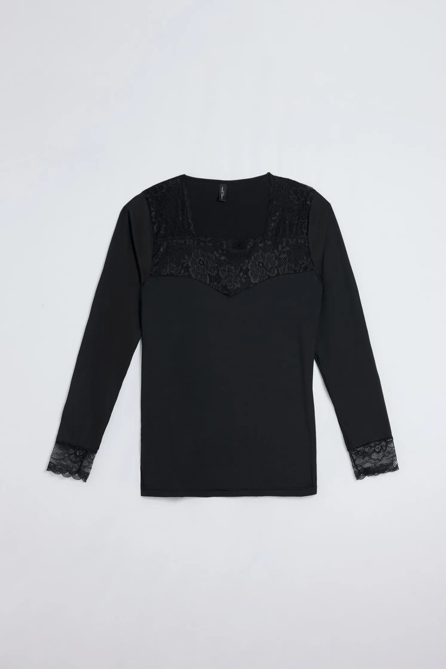 Camiseta manga larga microfibra encaje escote y puños negra