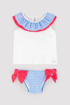 Conjunto bebé camiseta y braguita detalles volantes y lazos estampado flores