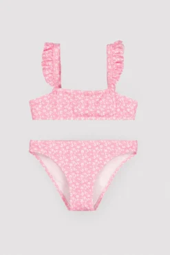 Conjunto bikini niña detalles volantes estampado leopardo rosa
