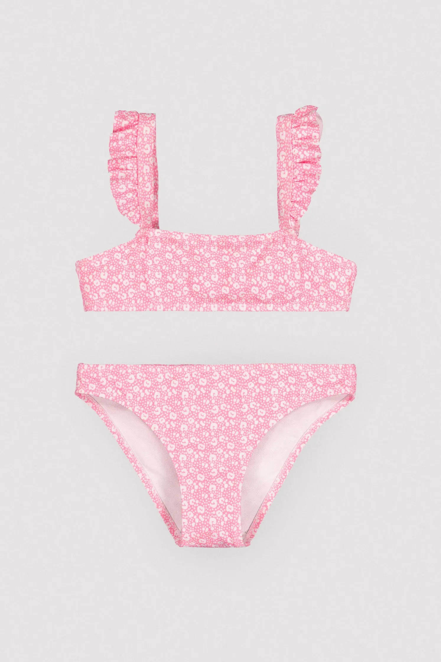 Conjunto bikini niña detalles volantes estampado leopardo rosa