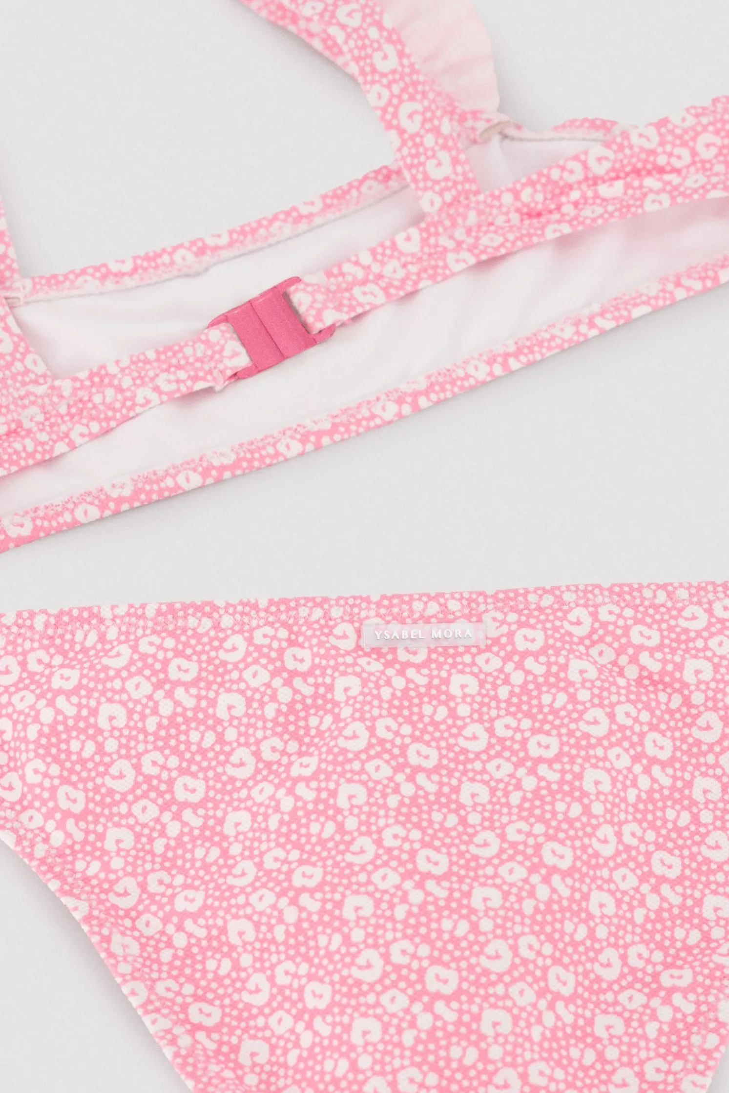 Conjunto bikini niña detalles volantes estampado leopardo rosa