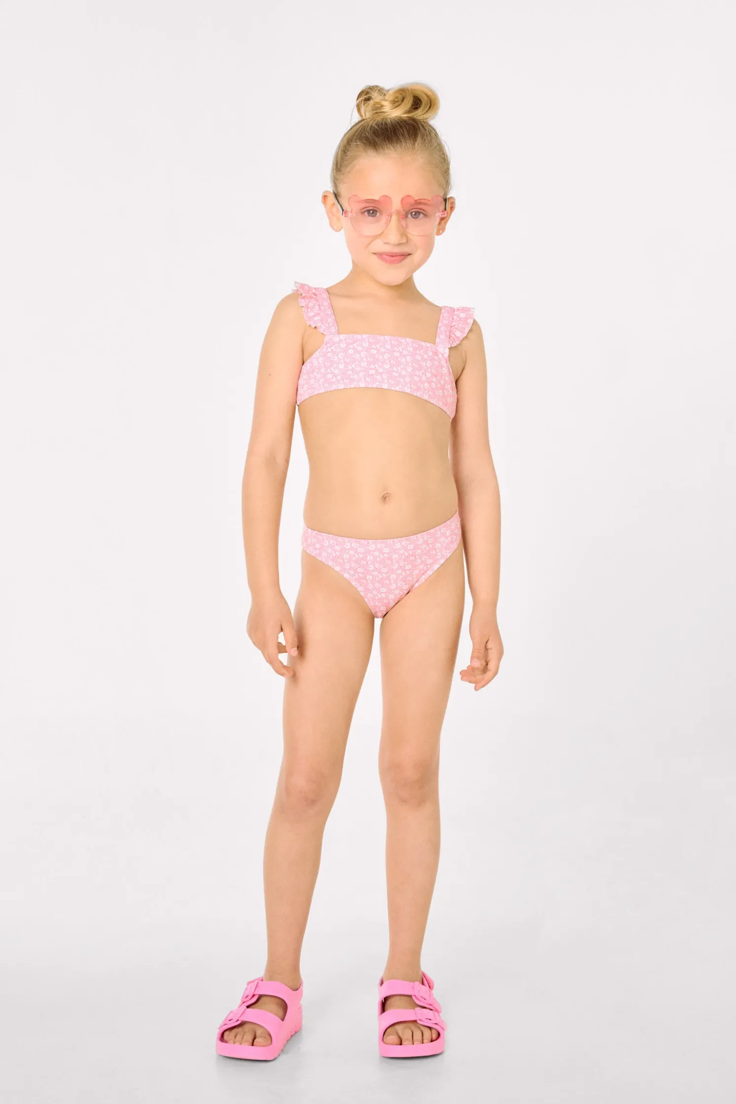 Conjunto bikini niña detalles volantes estampado leopardo rosa