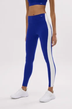 Leggings deportivos largos efecto push-up azul con franja en contraste