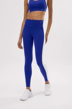 Leggings deportivos largos efecto push-up azul con franja en contraste