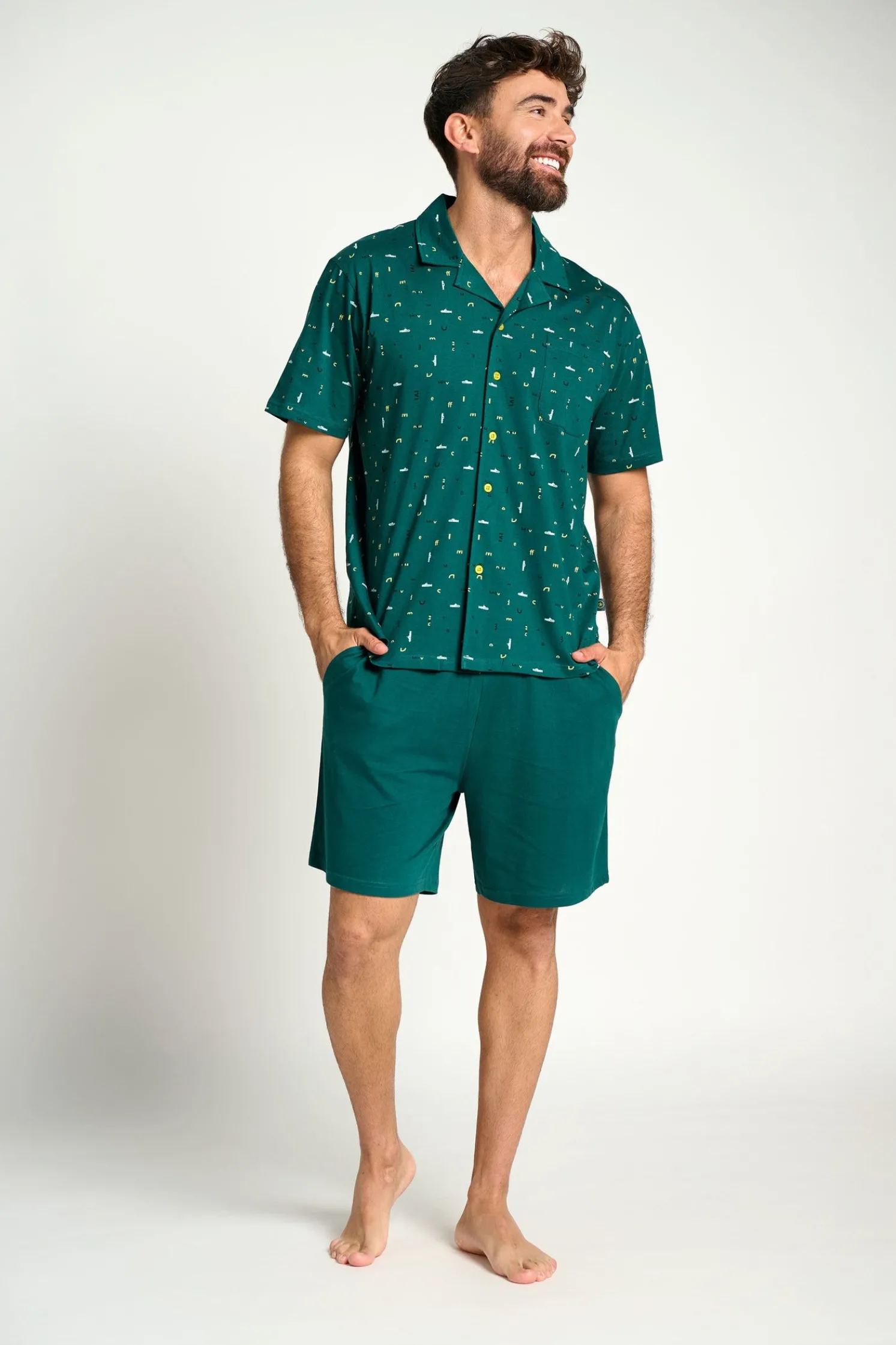 Pijama hombre corto algodón camisero verde | MUYDEMI
