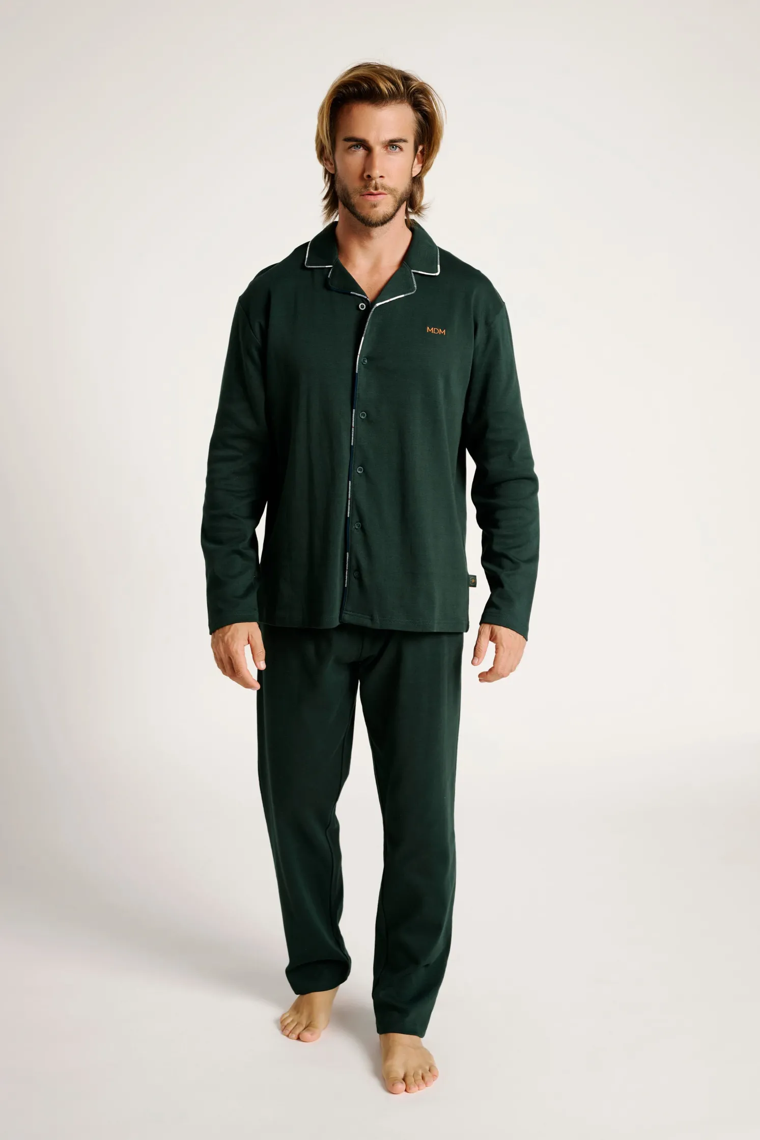 Pijama hombre largo camisero algodón verde | MUYDEMI