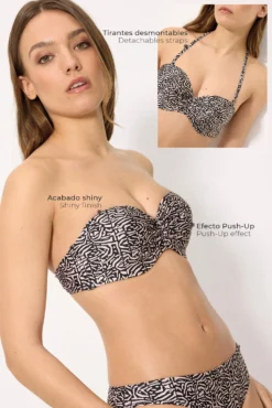 Top bikini bandeau push-up estampado con brillo copa B