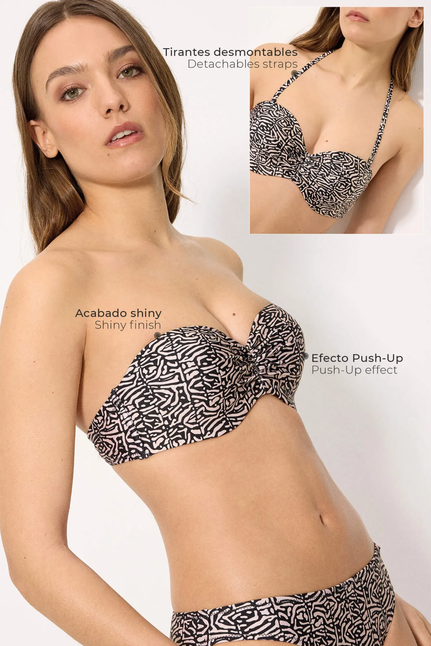 Top bikini bandeau push-up estampado con brillo copa B