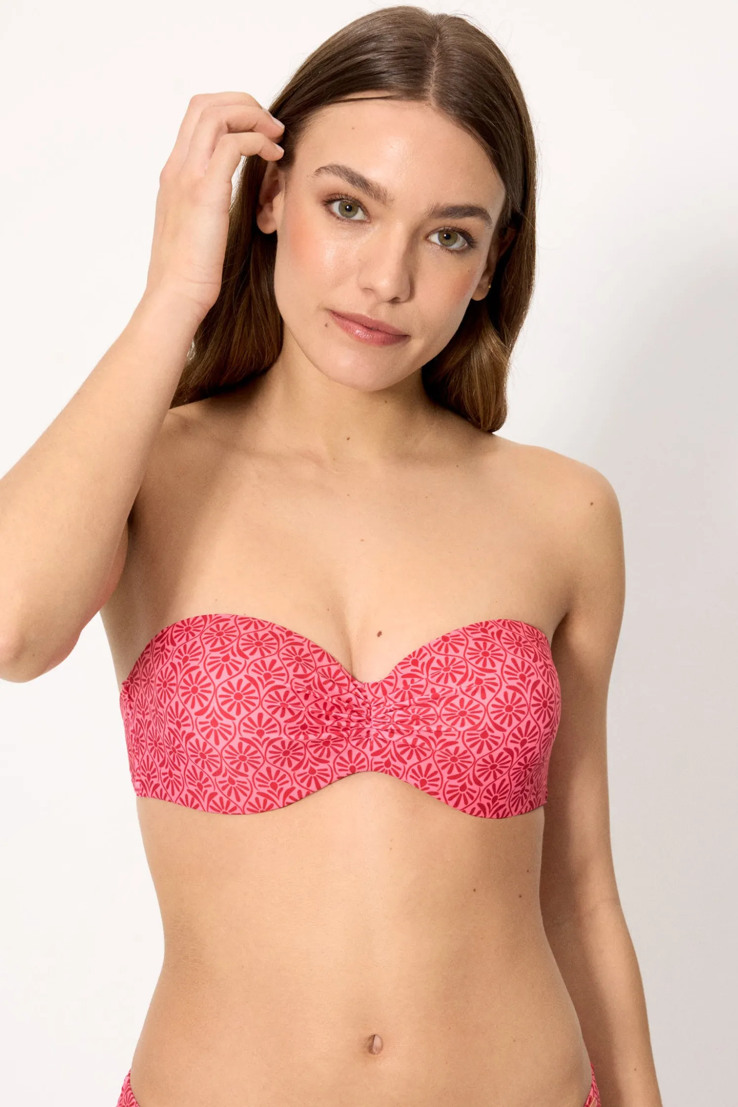 Top bikini bandeau push-up flores rosa y rojo copa B