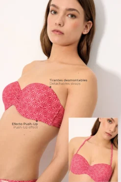 Top bikini bandeau push-up flores rosa y rojo copa B