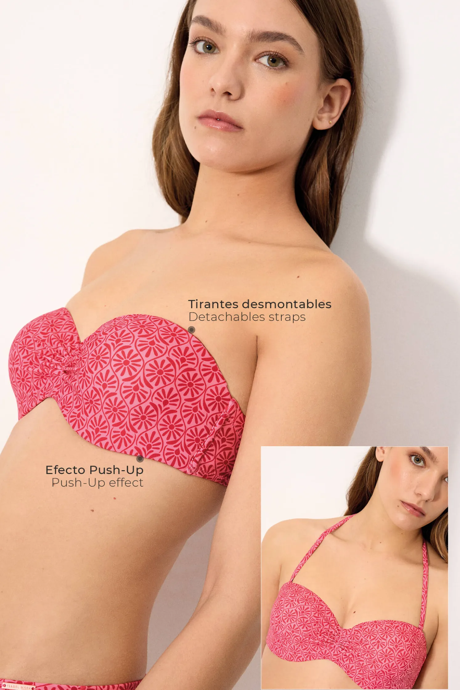Top bikini bandeau push-up flores rosa y rojo copa B