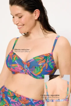 Top bikini reductor contorno regulable estampado tropical copas C y D