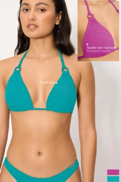 Top bikini triángulo push-up con textura turquesa copa B
