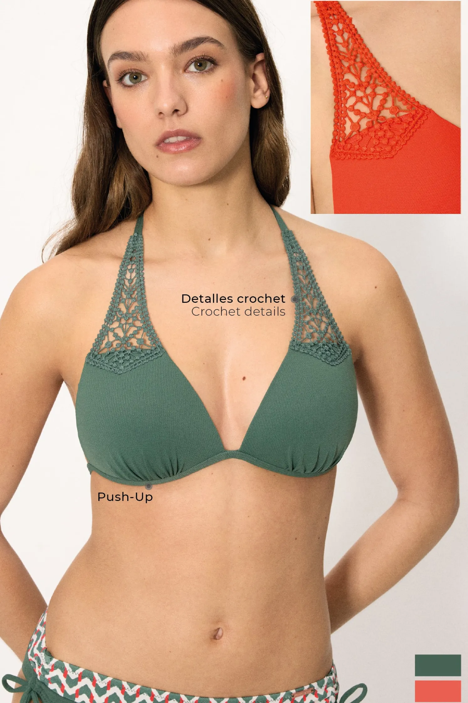 Top bikini triángulo push-up micropiqué verde botella copa B