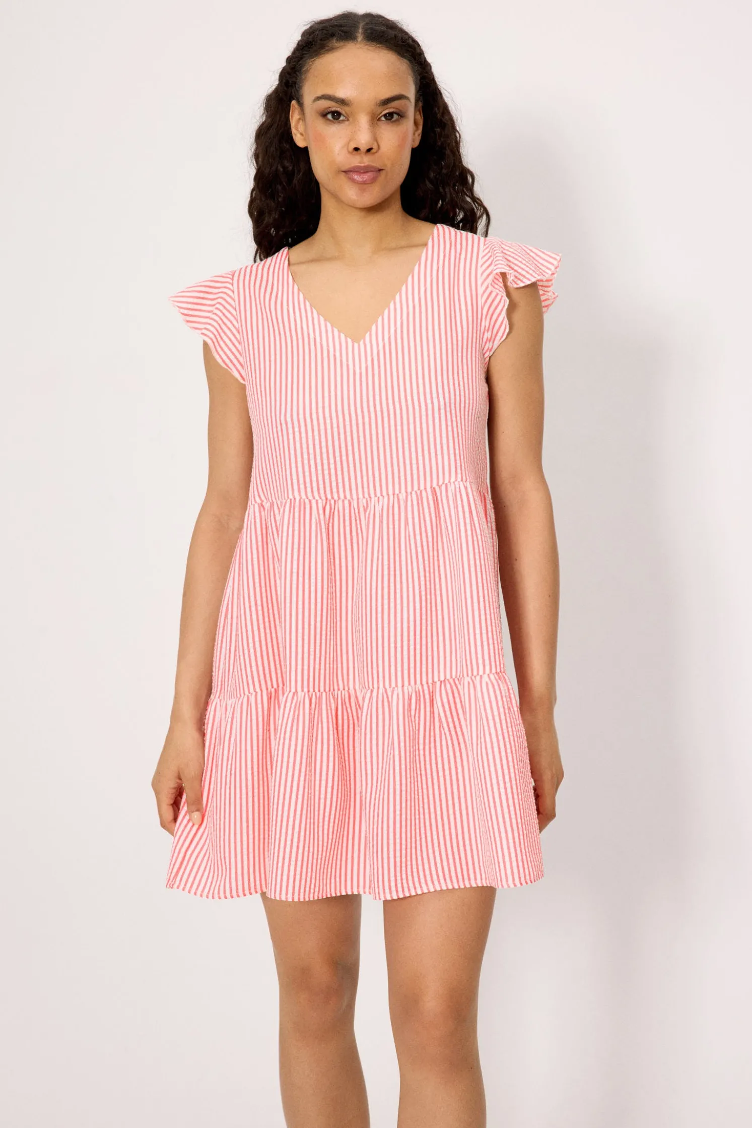 Vestido corto paneles bambula rayas rosa