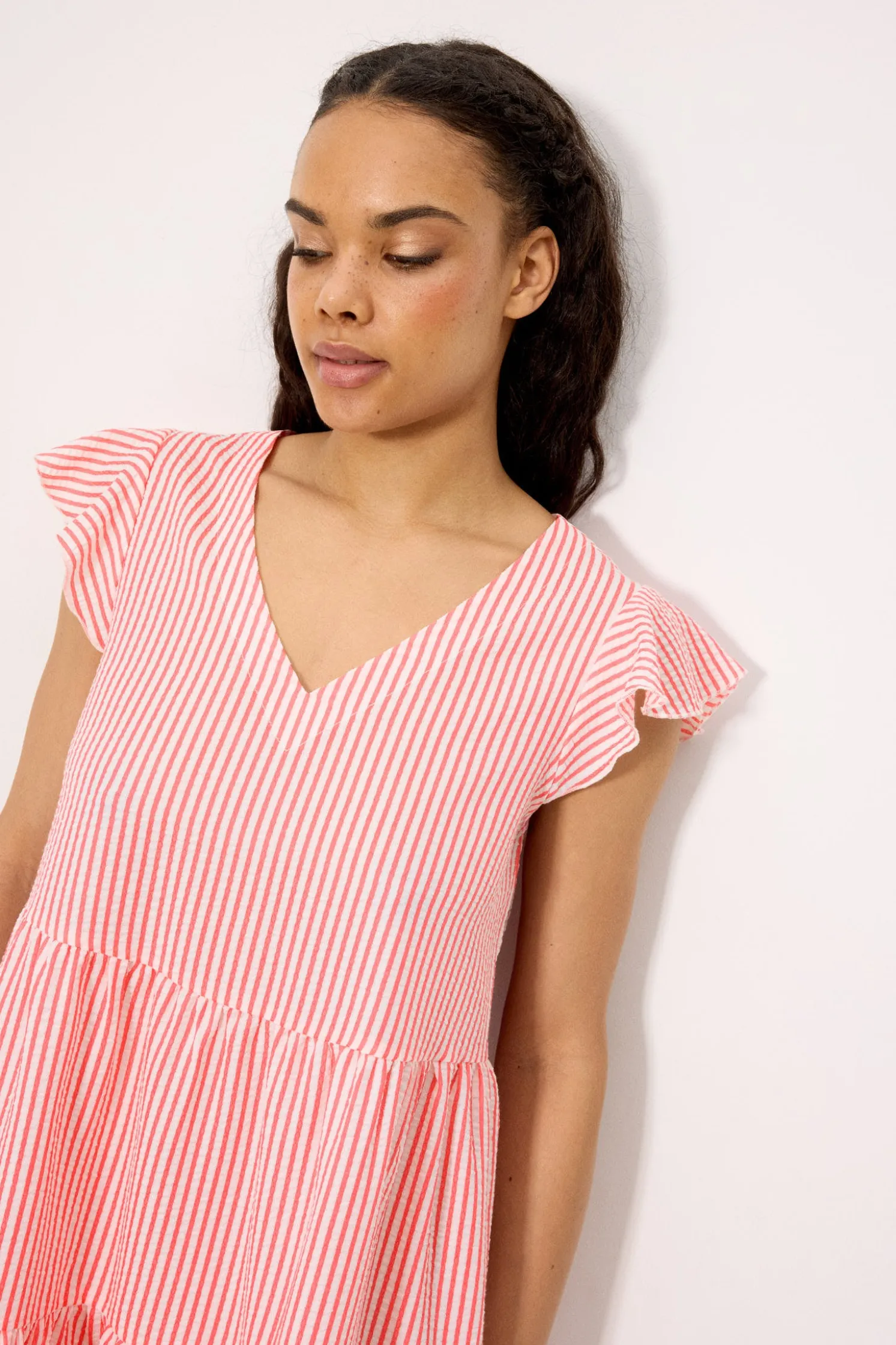 Vestido corto paneles bambula rayas rosa
